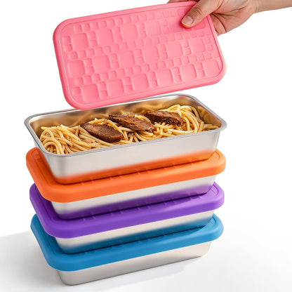 4 Pack Stainless Steel Snack Containers Set, Mixed Single & 2 Compartment Bento Boxes with Silicone Lids, Leakproof Food Storage for Meal Prep, Lunch, Travel, Picnic, Camping, Kitchen Organization