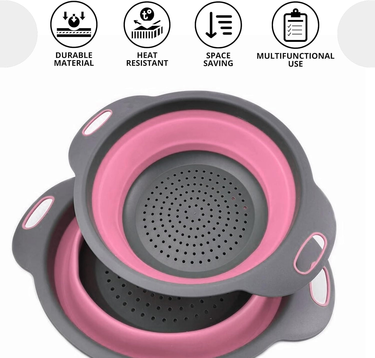 3PCS Green Foldable Kitchen Strainer Set – Silicone Colander Collapsible Strainers and Colanders Green Collander for Kitchen Collapsible Compact Drain Tools for Cooking Prep