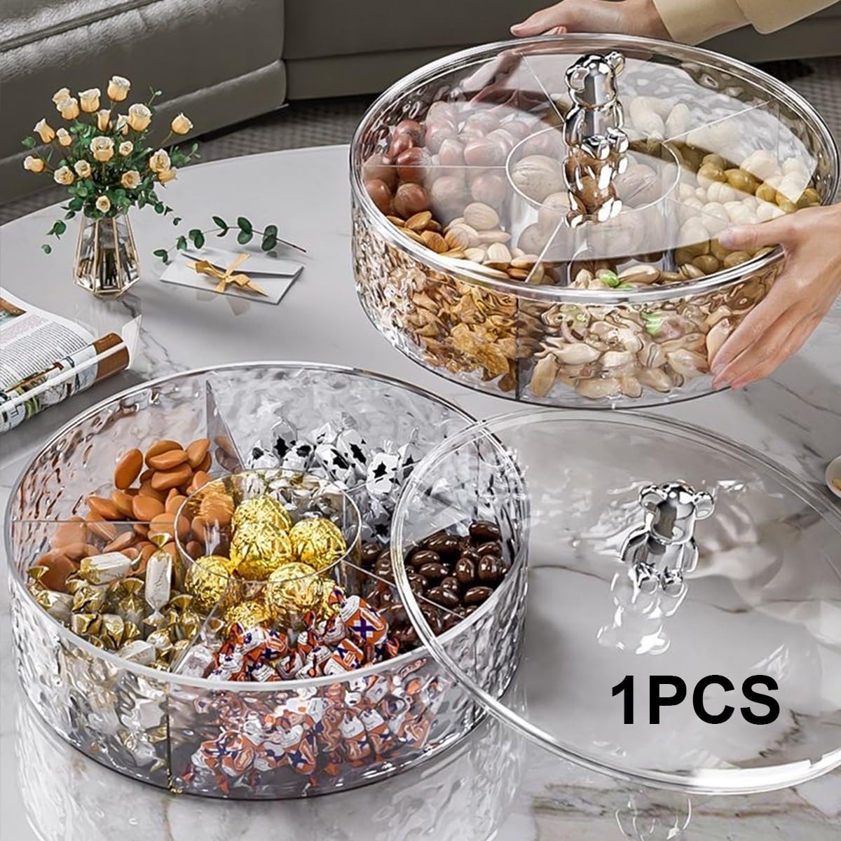 Rotating Snack Tray with Lid 6 Compartments Food Storage Organizer for Dried Fruits, Nuts, Candies, Veggie, Cookies Snack Serving Tray