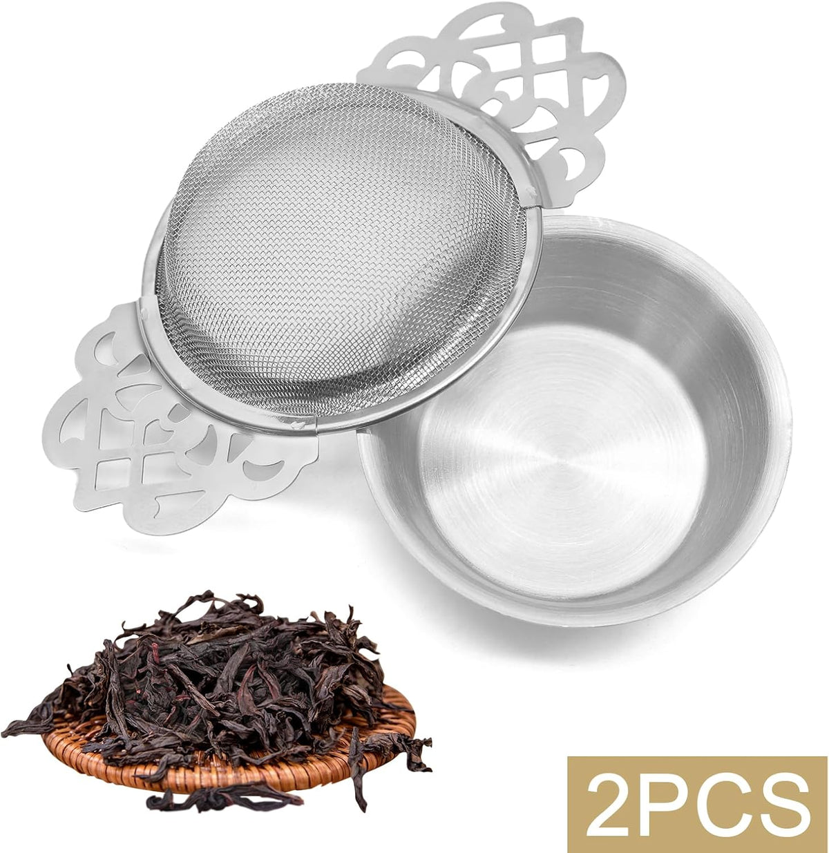 Tea Strainers with Drip Bowls, Gold, 2 Pack
