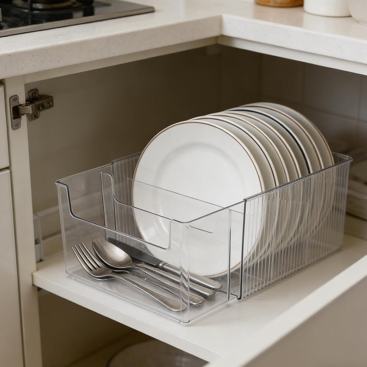 Expandable Dish and Flatware Organizer for Kitchen Countertop, Clear Plate Holder with Removable Divider, Plastic Cutlery Storage Bin for Cabinet Pantry Shelf, Adjustable Dinnerware Caddy