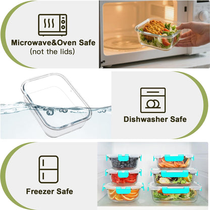 BAYZZ 30 Piece Glass Food Storage Containers Set, Glass Meal Prep Containers with Lids, Airtight Lunch Box, BPA-Free, Microwave, Freezer & Dishwasher Safe