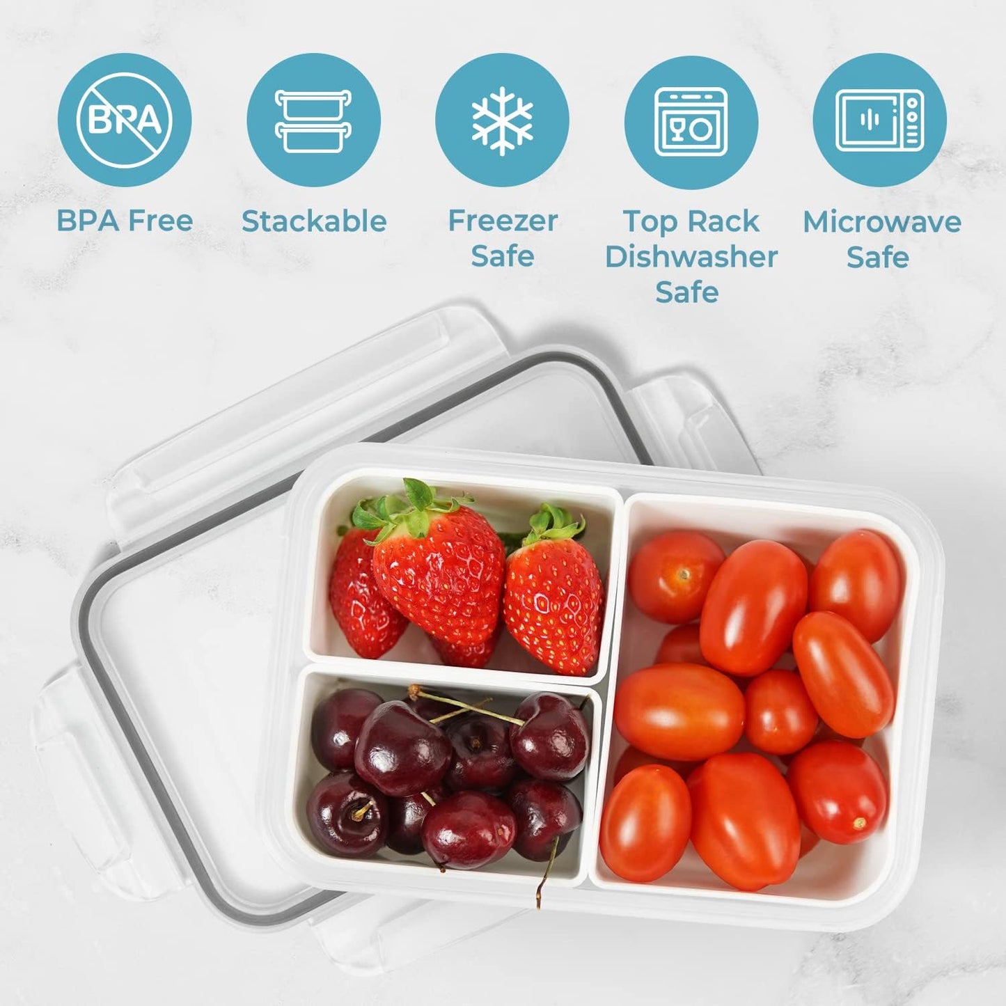 carrotez Food Storage Containers with 3 Removable Compartments, Food Prep Container with Airtight Lids, Portion Control Container, Microwave Safe, Reusable, 4.64 Cup (1100ml)