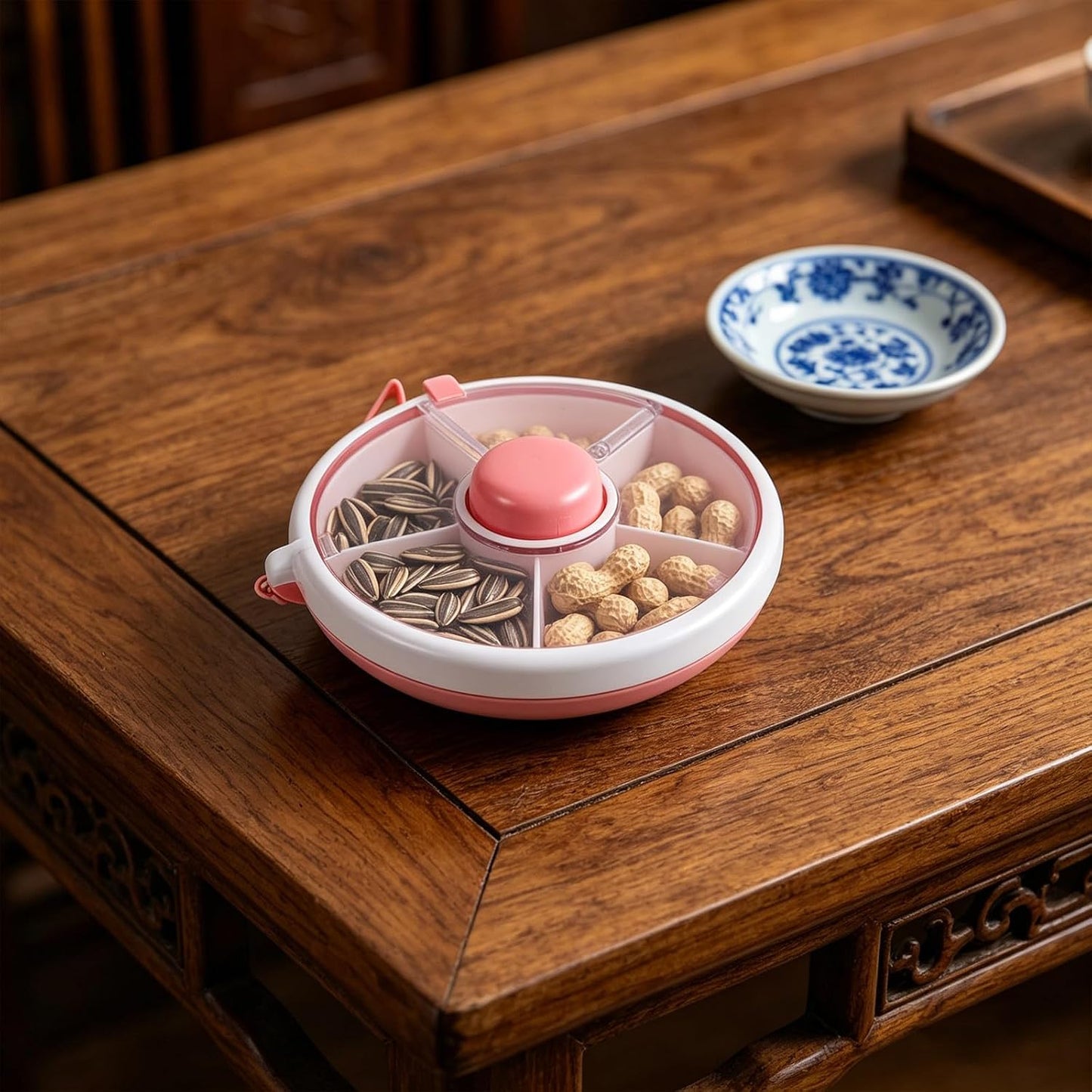 Compartmentalized Snack Tray with Lid, Portable Rotating Kids Snack Container for Dry Fruits, Candies, Crackers, Great for Picnics, Travel, Parties Pink