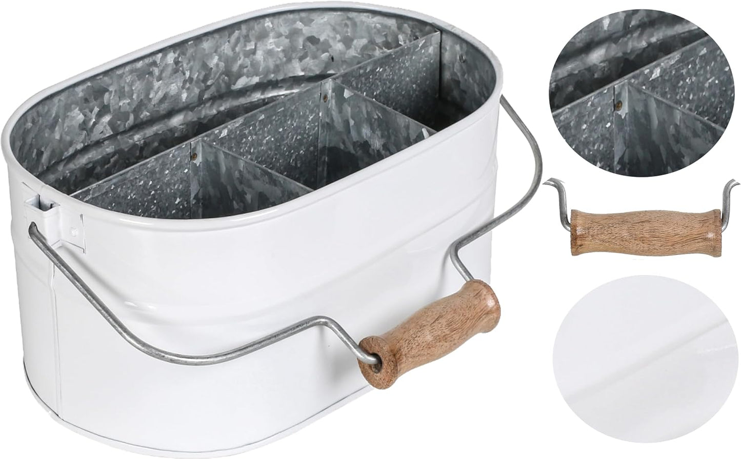 Alpha Living Home Galvanized Metal Utensil Caddy - Rustic Farmhouse Organizer Metal Garden Caddy with 4 Compartments and Wooden Handle for Kitchen, Buffet & Outdoor Events (Silver)