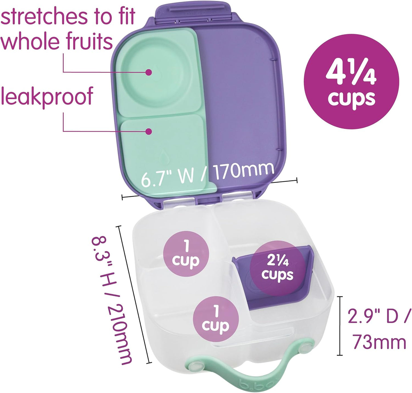b.box Mini Lunch Box 2-Pack, Leak Proof Bento Box for Kids, 3 Compartment Snack Containers Ages 3+, Lunchbox for Daycare + School, Dishwasher Safe, BPA-Free, PFAS-Free, 4.25 Cup - Blue + Green
