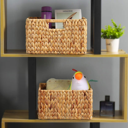 HOONEX Water Hyacinth Storage Baskets, Wicker Baskets for Storage, Hand Woven Baskets with Carry Handles, Set of 2, Natural