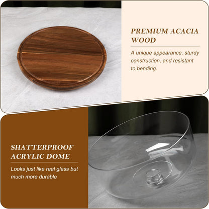 Bellsal Cake Stand with Dome Lid, 12in Acacia Wood Cake Plate with Cover, Wooden Cake Display Stand with Acrylic Dome, Cake Decorating for Baking Gift