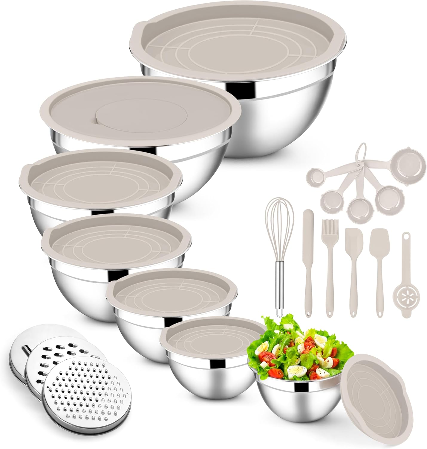 E-far Stainless Steel Mixing Bowls with Lids Set, 5-Piece Nesting Salad Bowls with 3 Grater Attachments and Non-Slip Bottoms, Size 4.6, 2.6, 2, 1.5, 1QT for Kitchen (Khaki)