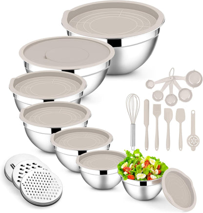 E-far Stainless Steel Mixing Bowls with Lids Set, 5-Piece Nesting Salad Bowls with 3 Grater Attachments and Non-Slip Bottoms, Size 4.6, 2.6, 2, 1.5, 1QT for Kitchen (Khaki)