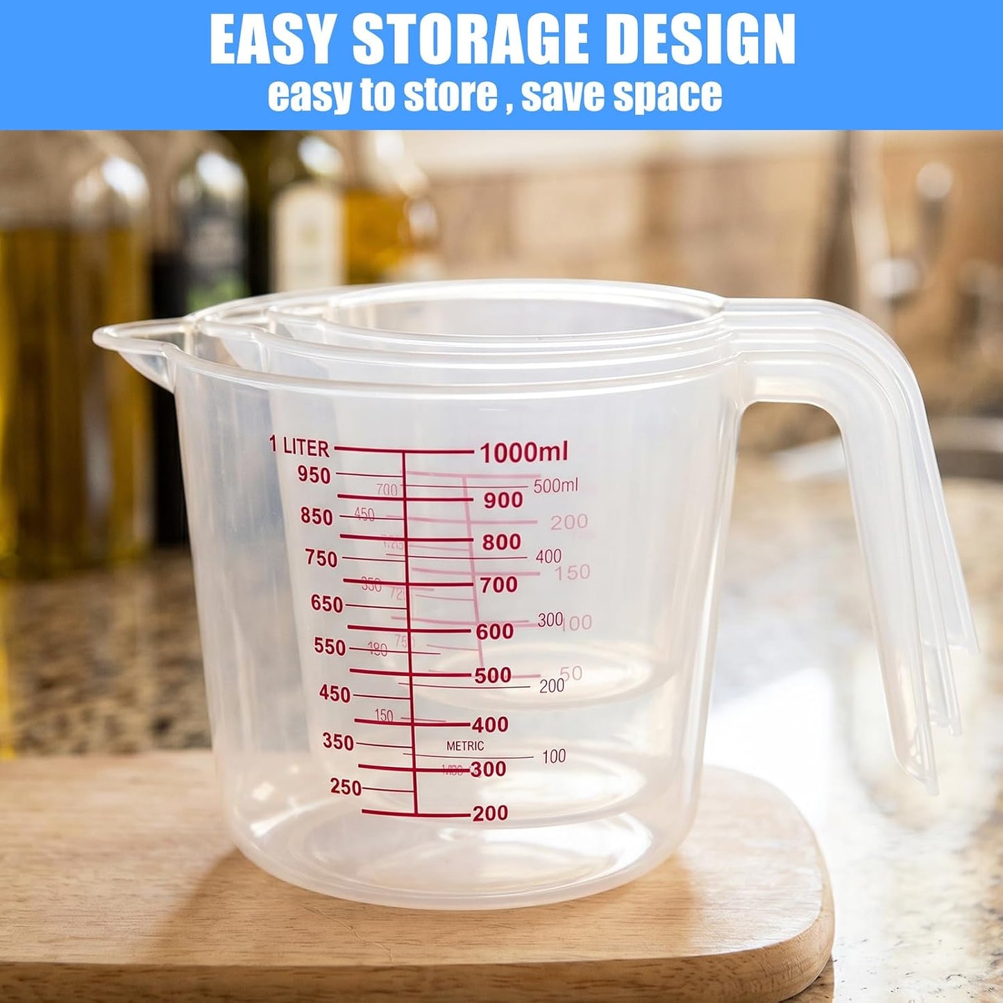 DTDNZKN 3 Pack Measuring Cup Set, Plastic Liquid Measuring Cups 250ml, 500ml & 1000ml - Clear Markings for Baking, Cooking, Mixing, Oil & Water Measurement - Essential Kitchen Tools