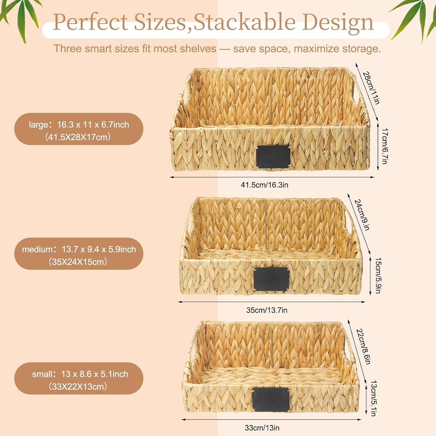 3 Pack Handwoven Water Hyacinth Storage Baskets with Handles & Chalkboard Labels, Wicker Bins for Pantry Kitchen Bathroom