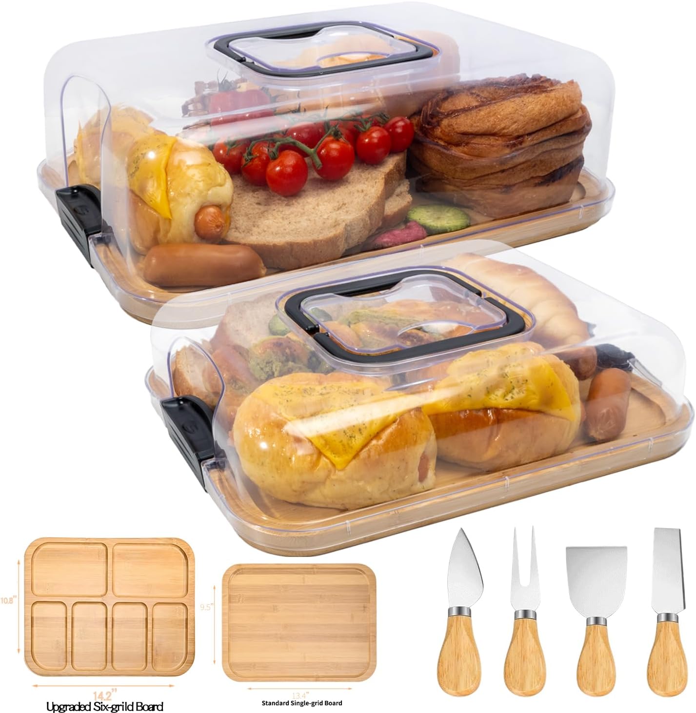2-Pack Charcuterie Board with Lid 4" Heightened Lid - 14.2" & 13.4" Bamboo Trays Entertaining - Housewarming Warming Gifts New Home, Gifts for Women - Large Food Platter
