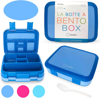 Kinsho Bento Lunch Box for Kids Toddlers, 5 Portion Control Sections, BPA Free Removable Plastic Tray, Pre-School Kid Toddler Daycare Lunches, Snack Container Ages 3 to 7 (Blue Space Rockets)