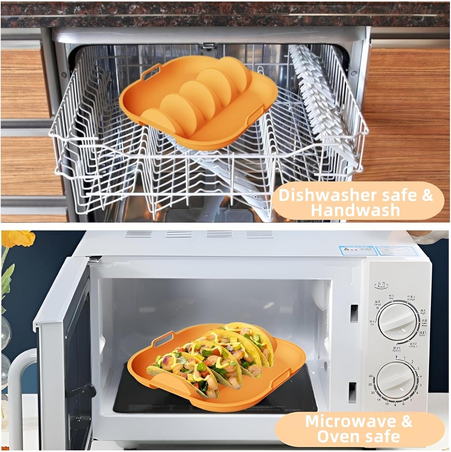 Silicone Taco Holder Plates Set of 2, Reusable Taco Plates Holder with Handle for Party, Taco Stand Taco Tray for Taco Bar Serving Set, Oven Safe for Baking, Dishwasher and Microwave Safety