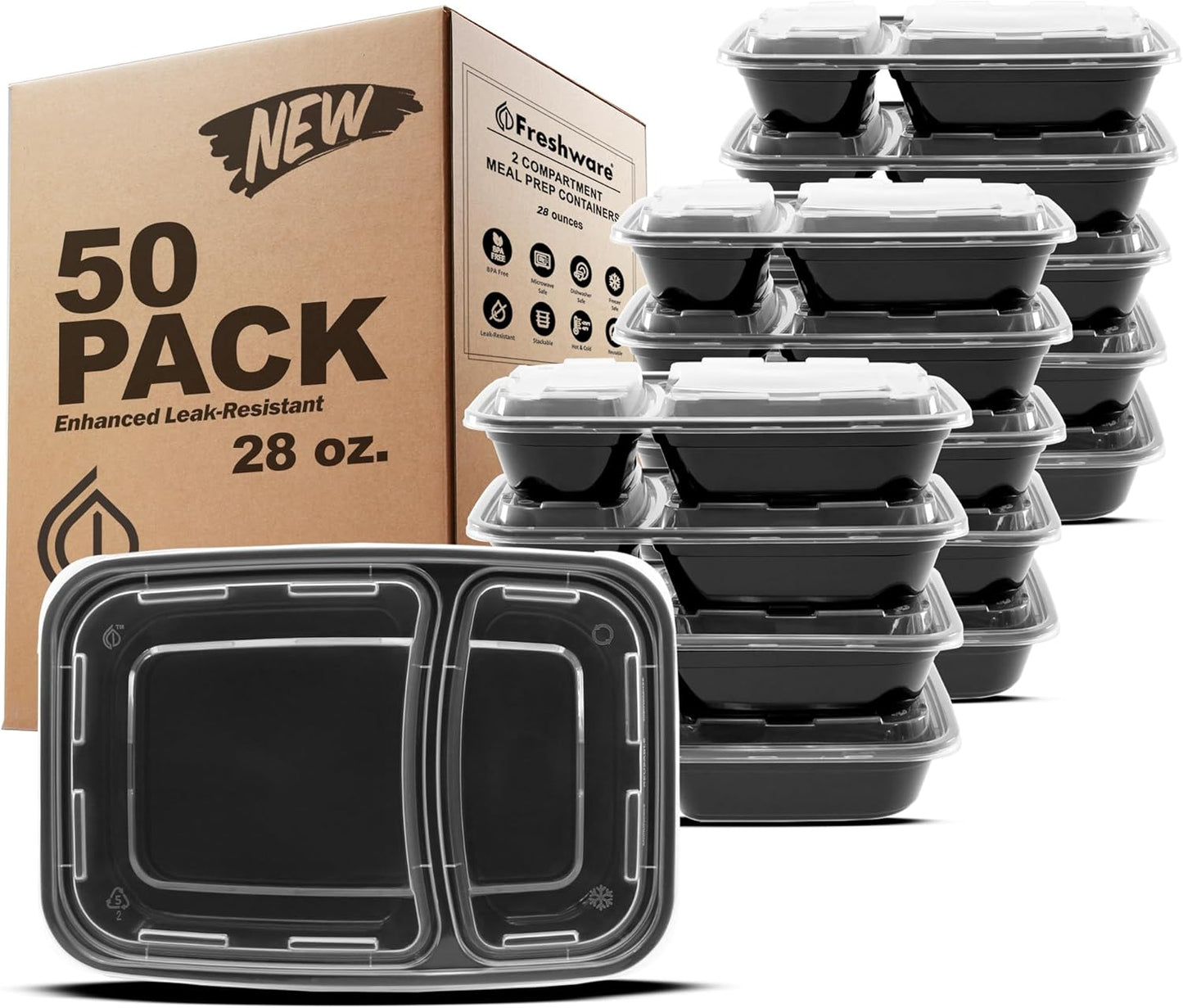 Freshware Meal Prep Containers 1 Compartment Food Storage Containers with Lids, Bento Box, BPA Free, Stackable, Microwave/Dishwasher/Freezer Safe (28 oz), 50 Count (Pack of 1)