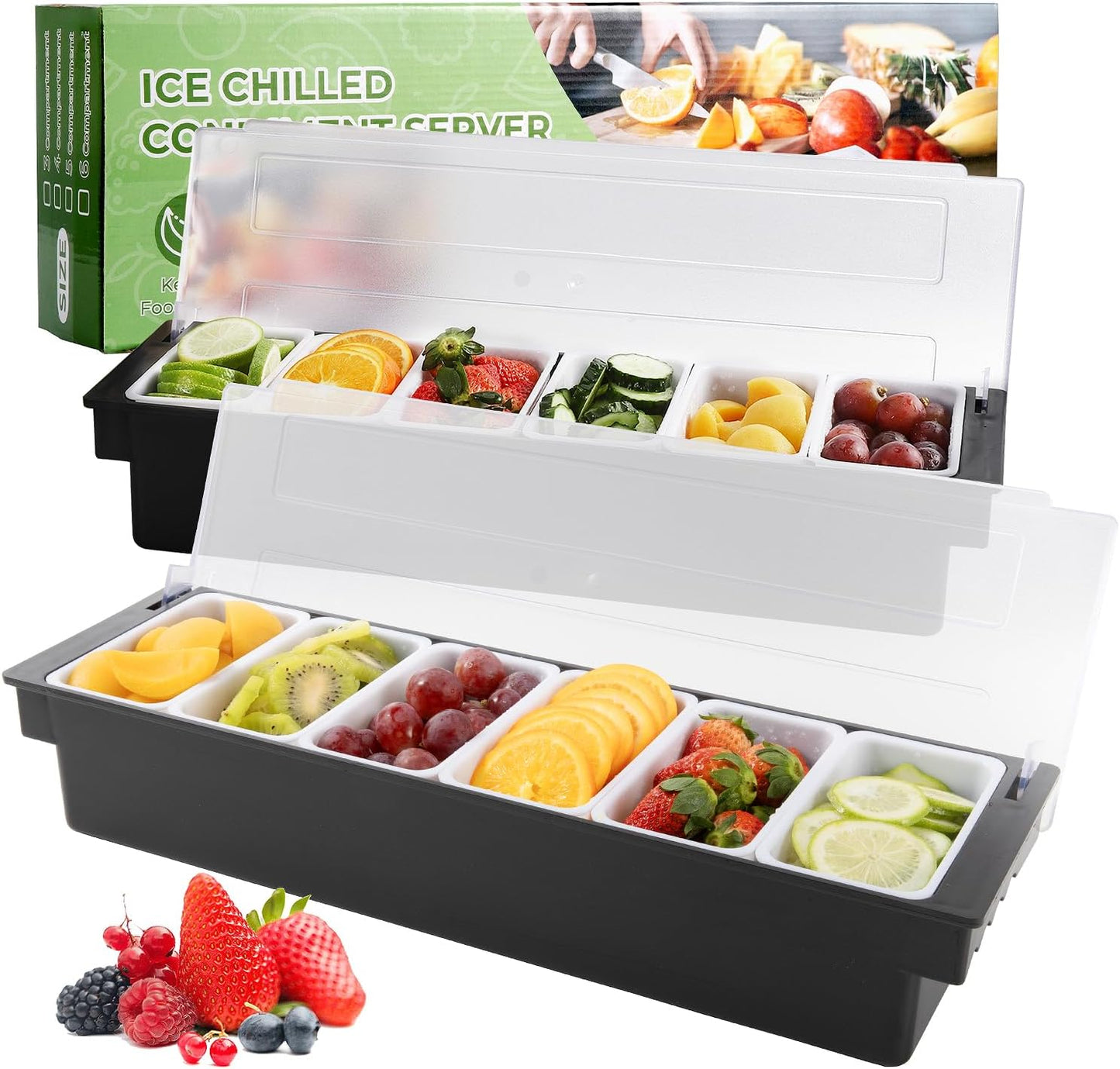 WICHEMI Fruit, Veggie & Condiment Caddy with Lid Dispenser Tray Plastic Garnish Station for Bartending & Serving Taco, Ice Cream, Salad Bar - Topping Organizer for Restaurant Supplies (3 Compartment)
