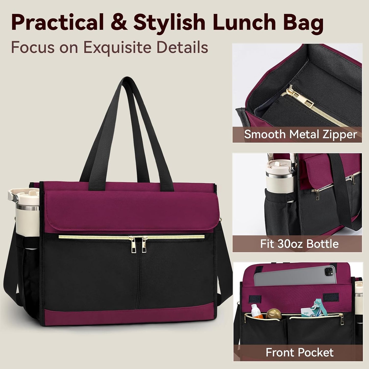 PASMAN Insulated Lunch Bag for Women, 15.6" Laptop Tote with Leakproof Cooler Compartment for Nurse Teacher Work Office and Outdoor