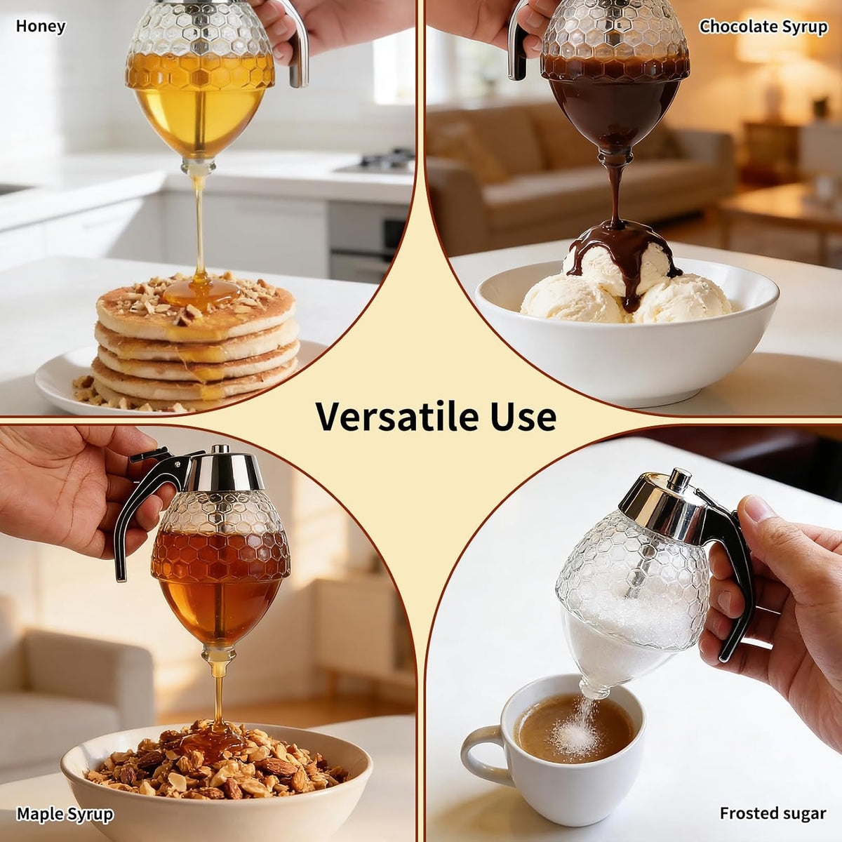 Honey Dispenser, No Drip Glass with Stand, Maple Syrup Honey Container, Elegant Honeycomb Design for Home Decor for Any Occasion