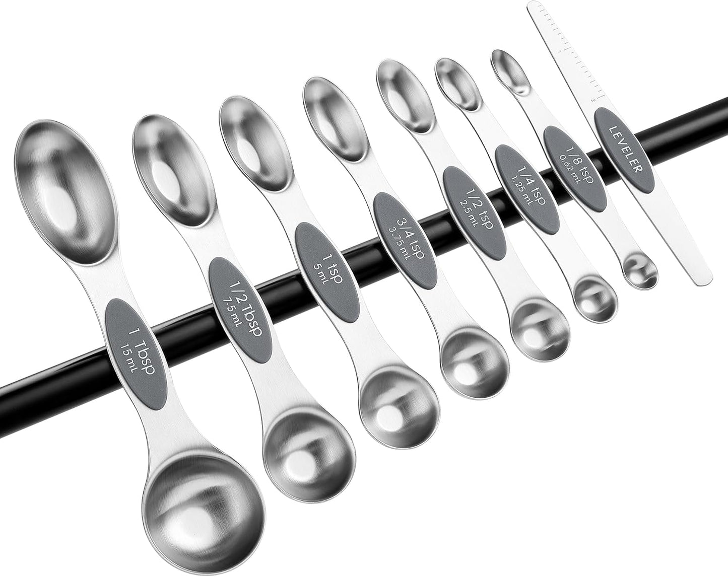 Spring Chef Stainless Steel Magnetic Measuring Spoons Set with Strong N45 Magnets, Heavy Duty Metal Kitchen Gadgets for Baking & Cooking, Fits in Most Kitchen Spice Jars, Set of 8 with Leveler, Black