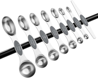 Spring Chef Stainless Steel Magnetic Measuring Spoons Set with Strong N45 Magnets, Heavy Duty Metal Kitchen Gadgets for Baking & Cooking, Fits in Most Kitchen Spice Jars, Set of 8 with Leveler, Black