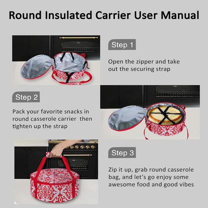 Round Insulated Pie Carrier – Thermal Portable Lunch Transport Cheesecake Cake Dish Container Bag Keep Food Hot/Cold/Fresh for Potlucks Parties Gathering/Cookouts/Church Dinner/Outdoor Events-Red