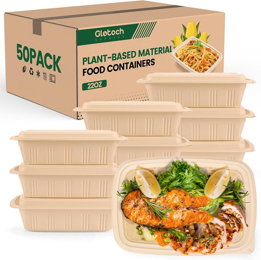 100 Piece (50 Pack) Meal Prep Containers Reusable - 2 Compartment 32 oz Cornstarch Snack Containers with Lids - Plastic Food Storage Salad Containers - To Go Lunch Box - Microwave & Freezer Safe