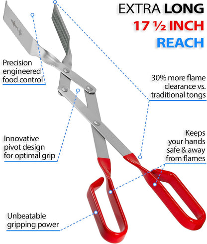 Steak Grill Tongs - 17 inch Red. Professional outdoor grilling utensil. Long reach Barbeque Grilling Tongs. Ideal for steak, fish, burger, and sausage