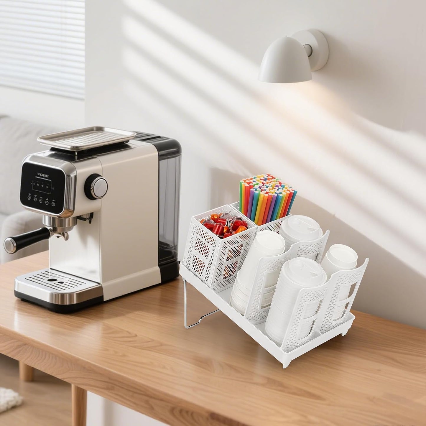 6-Compartment Cup and Lid Holder, Plastic Coffee Cup Holder with Straws Holder, 10-22oz Disposable Paper Cups Organizer for Countertop, Station, Bar,Office, Restaurant, Breakroom