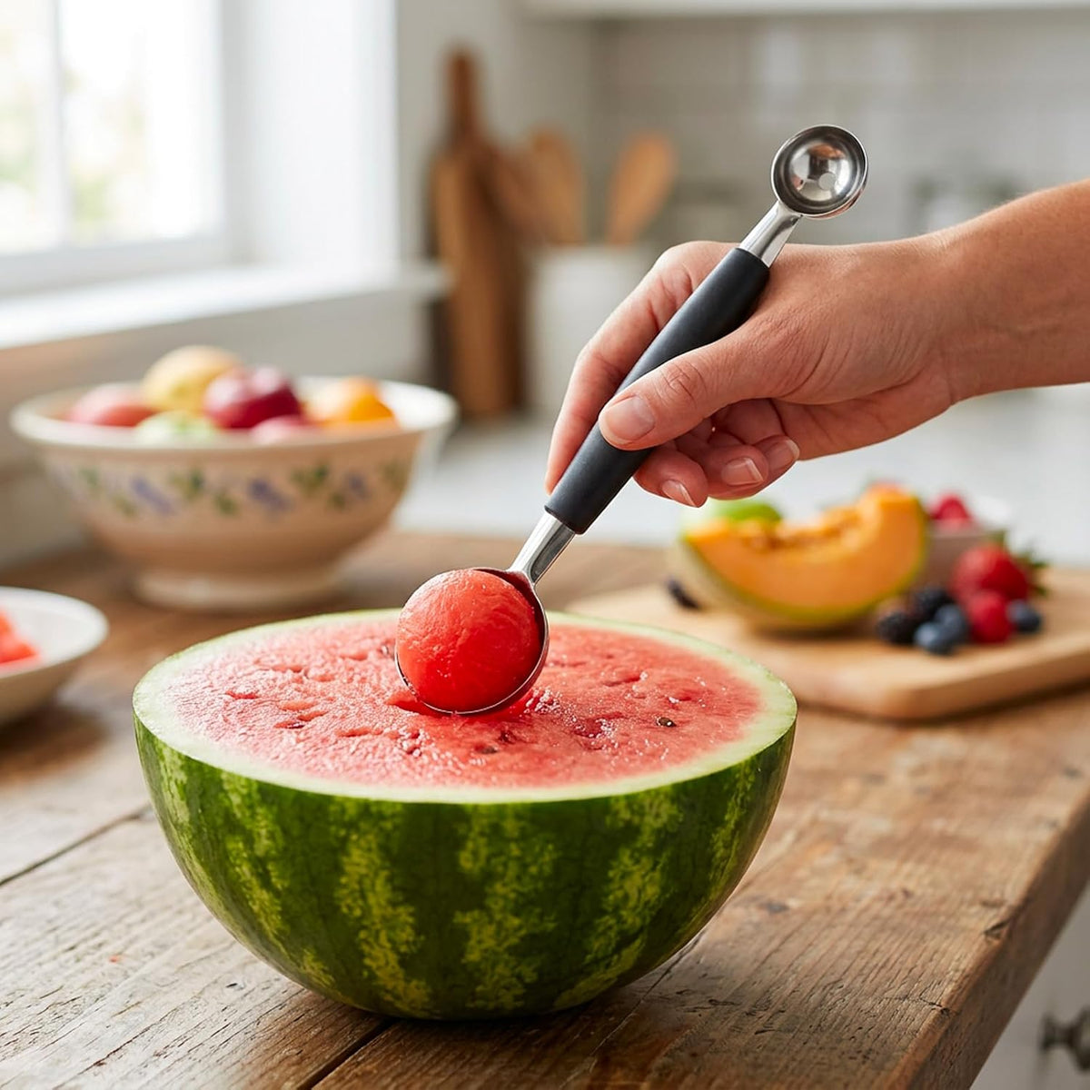 Melon Baller Scoop, Stainless Steel Dual-End Fruit Baller Scoop, Professional 3-in-1 Fruit Carving and Scooping Kit, Melon Balls Scooper for Watermelon, Ice Cream, Fruits, Sorbet and Meatballs