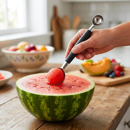 Melon Baller Scoop, Stainless Steel Dual-End Fruit Baller Scoop, Professional 3-in-1 Fruit Carving and Scooping Kit, Melon Balls Scooper for Watermelon, Ice Cream, Fruits, Sorbet and Meatballs