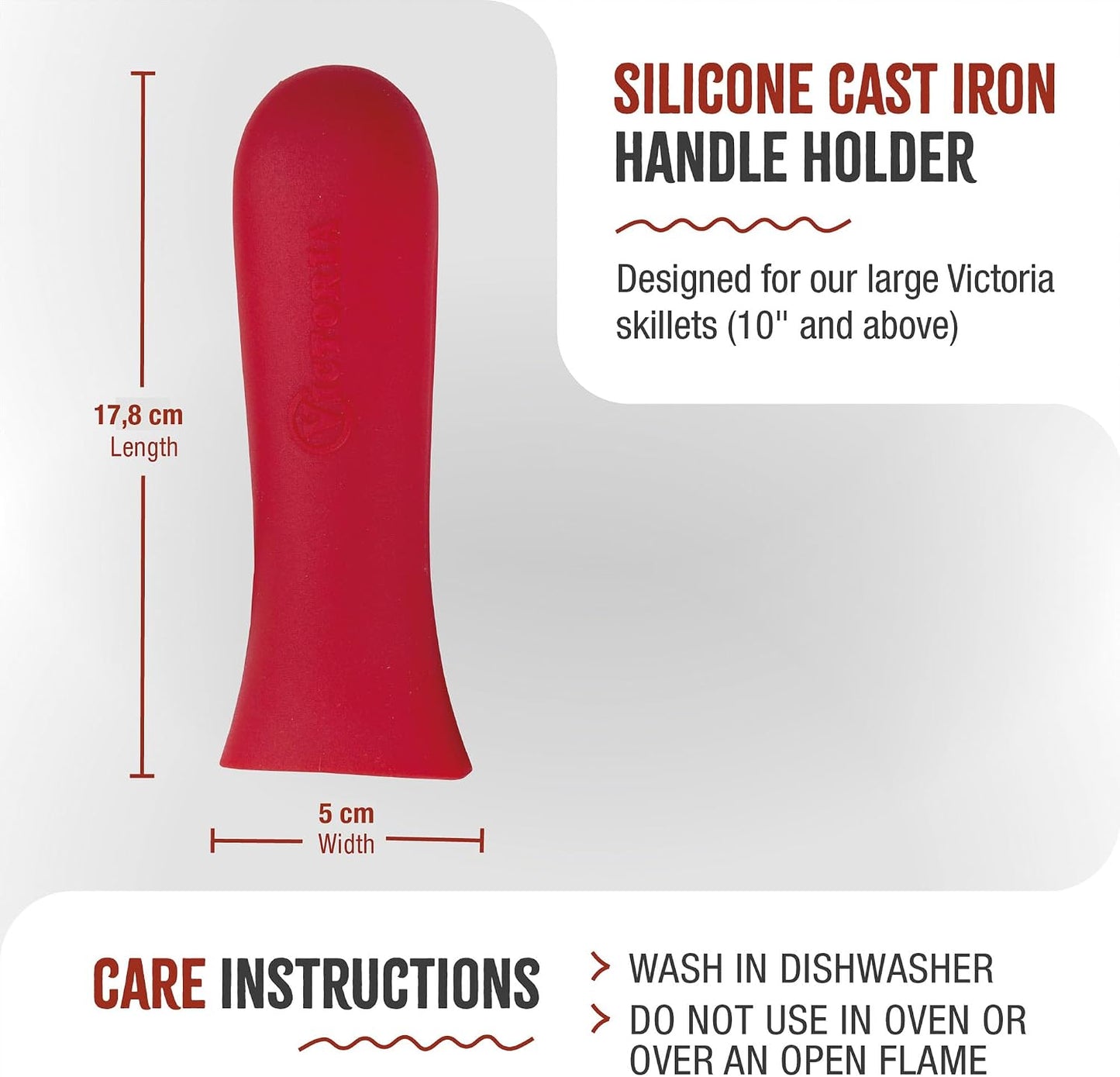 Victoria Silicone Handle Cover, Custom-Made Handle Sleeve for 10 and 12 Inch Victoria Cast Iron Skillets, Large, Red