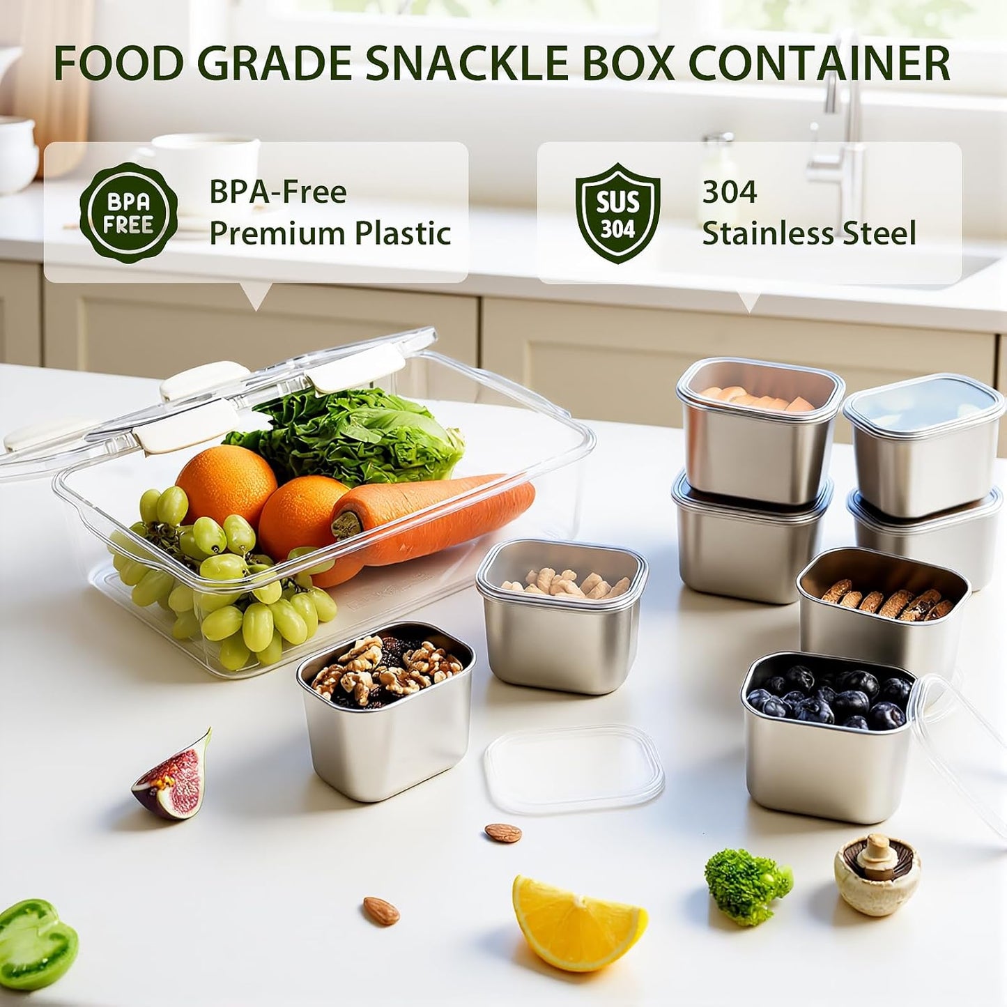 Snackle Box Container, Stainless Steel Divided Serving Tray with Lid and Handle, 8 Compartment Portable Snack Platters - Clear Storage Organizer for Fruit Candy Nuts Veggie - Perfect for Travel Party