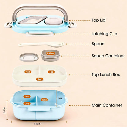 PEDECO All-in-one Bento Lunch Box Set for Adults & Kids with Insulated Bag, Leakproof 3-Compartment and 2-Tier Stackable Container with Portable Sauce Pod, Microwave/Dishwasher Safe, BPA-Free (White)