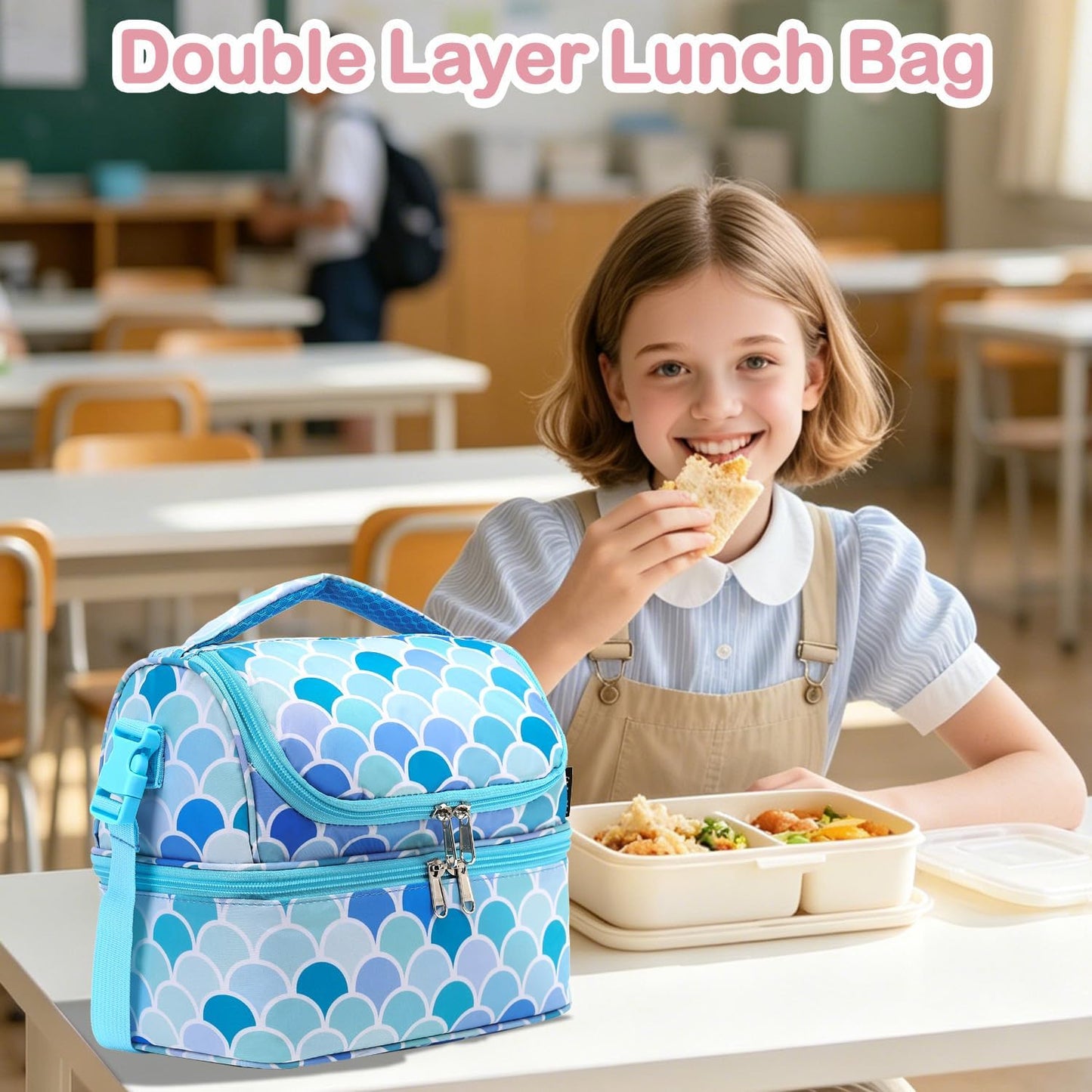 FlowFly Kids Double Decker Cooler Insulated Lunch Bag Large Tote for Boys, Girls, Men, Women, With Adjustable Strap, Unicorn