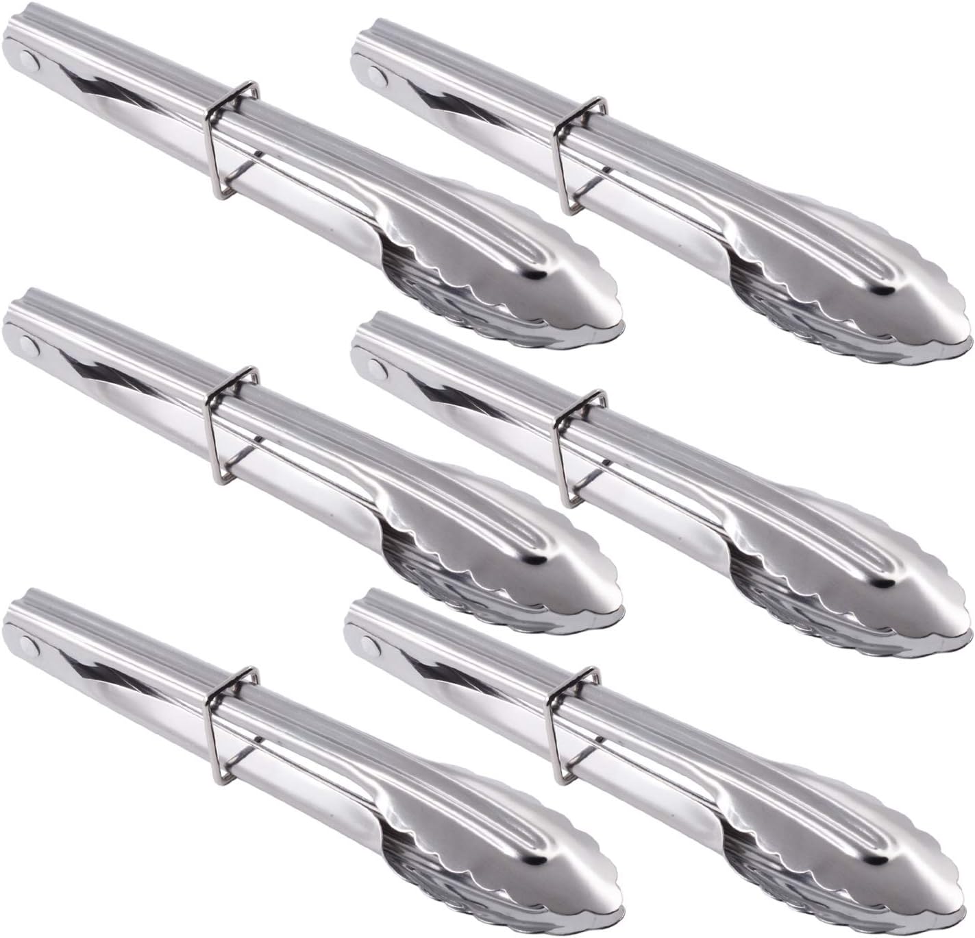 HINMAY Mini Stainless Steel Food Tongs with Silding Rings 7-Inch, Set of 6 | Small Clam Shell Service Tongs for Serving Appetizers, Desserts, Salads, Barbecue and Cooking (Silver)