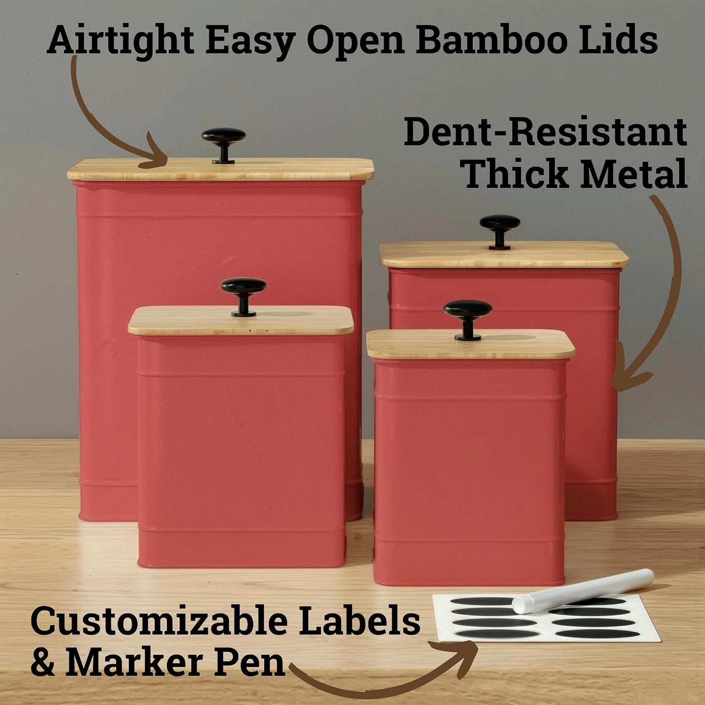 Kitchen Canisters for Countertop Set of 4 w/ Chalkboard Labels & Marker Pen | Airtight Easy Open Bamboo Lids, Dent-Resistant Thick Metal, Customizable Chalkboard Labels, Marker Pen Included, Set of 4