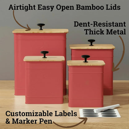 Kitchen Canisters for Countertop Set of 4 w/ Chalkboard Labels & Marker Pen | Airtight Easy Open Bamboo Lids, Dent-Resistant Thick Metal, Customizable Chalkboard Labels, Marker Pen Included, Set of 4
