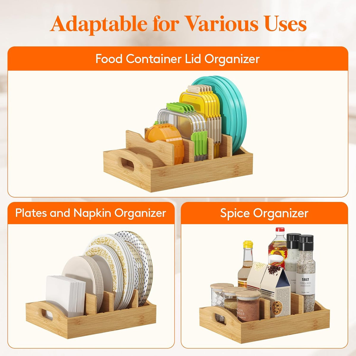 Lifewit Bamboo Lid Organizers for Inside Cabinet with 5 Sections