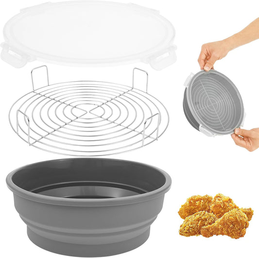 Foldable Batter Bowl, Large Opening Silicone Breading Shaker Bowl with Lid and Tray for Cooking Barbecuing Camping Outdoor Traveling