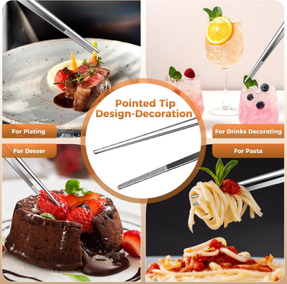 12 Inch Kitchen Tweezer Tongs, 2 PCS Stainless Steel Round & Precision Pointed Tip Extra Long Tweezers Multi-Use Kitchen Tweezers for Cooking, BBQ, plating, Grilling & Food Prep