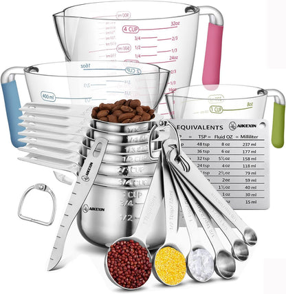 AIKEXIN 20 PCS Measuring Cups & Spoons Set, for Cooking & Baking Gadgets | 18/10 Stainless Steel, Metal Material | Nesting, Stackable Design | Dry & Liquid | Plastic | Leveler, Conversion Chart