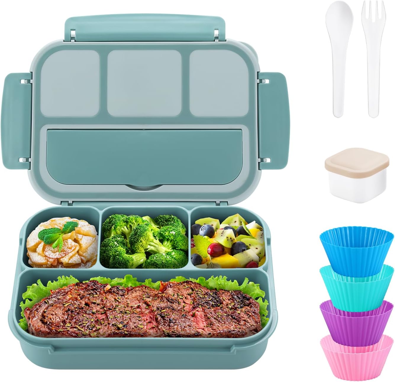 QQKO Bento Box Adult Lunch Box, Bento Box for Kids, 1200 ML Lunch Containers for Adults, Food Storage Container With 4 Compartments, Leak-Proof, Microwave, Dishwasher Safe, Green