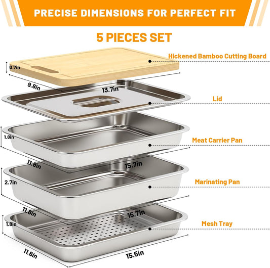 Grilling Prep and Serve Trays with Mesh Tray, Stainless Steel Grilling Prep and Serve Tray, Marinade Container with Lid, Mesh Tray, Cutting Board, BBQ Grill Accessories, Grilling Gifts for Mens
