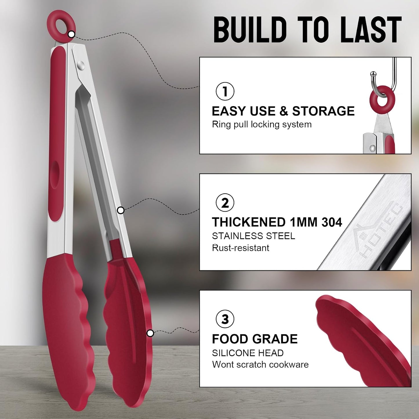 HOTEC Premium Stainless Steel Locking Kitchen Tongs with Silicon Tips, Set of 2-9" and 12"