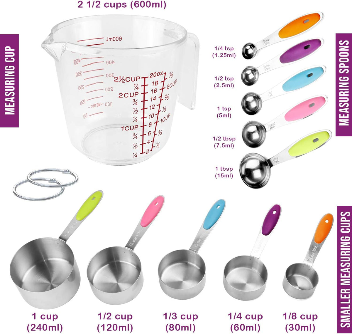 Measuring Cups and Spoons Set. Includes 10 Stainless Steel Measuring Spoons and Cups Set and 1 Plastic Measuring Cup. Liquid Measuring Cups Set and Dry Metal Measuring Cup Set