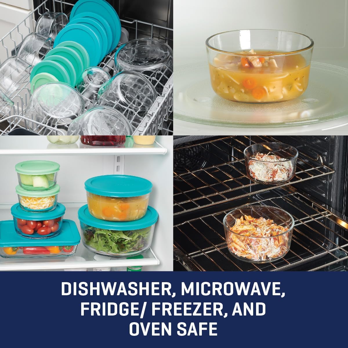 Anchor Hocking 12 Piece Glass Storage Containers with Lids (6 Glass Food Storage Containers & 6 Navy Blue SnugFit Lids)