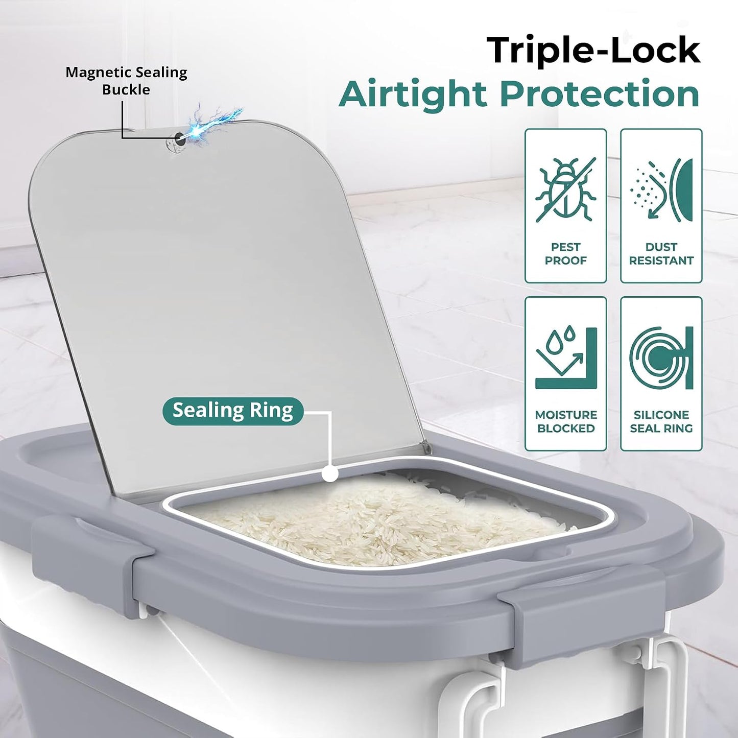 Home & Hearthly Collapsible Rice Storage Container 25–35 lbs, Airtight, Space-Saving Food Storage Bin with Wheels and Measuring Cup, Easy-Pour Grain Dispenser for Rice, Flour and Pet Food