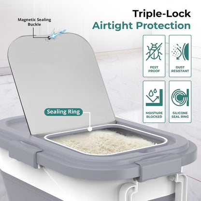 Home & Hearthly Collapsible Rice Storage Container 25–35 lbs, Airtight, Space-Saving Food Storage Bin with Wheels and Measuring Cup, Easy-Pour Grain Dispenser for Rice, Flour and Pet Food