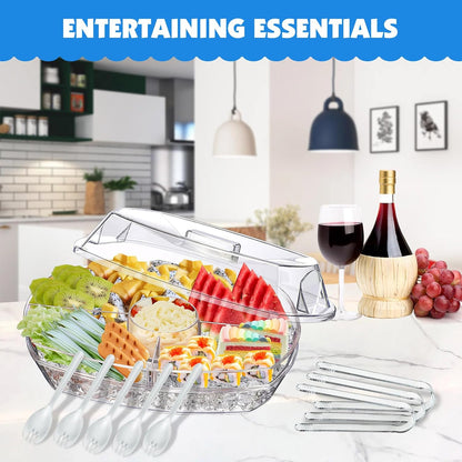 Ice Chilled Party Platter, 15 Inch Clear Veggie Fruit Trays with Lid and Dip, Cold Food Serving Trays for Parties, Charcuterie Boards with Ice Tray on Bottom